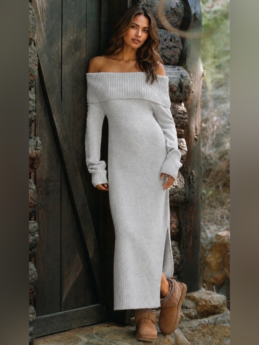 Anthropologie Daily Practice Off-Shoulder Long gray Knit Sweater Maxi Dress 1X